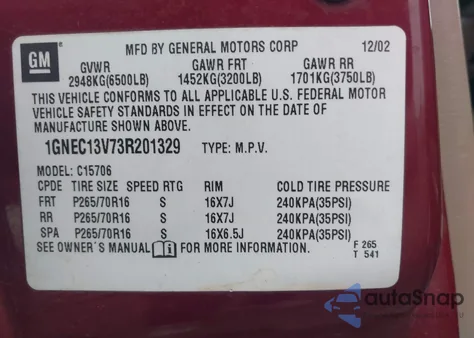 2003 Chevrolet Tahoe Ls z USA, uszkodzony, nr VIN 1GNEC13V73R201329